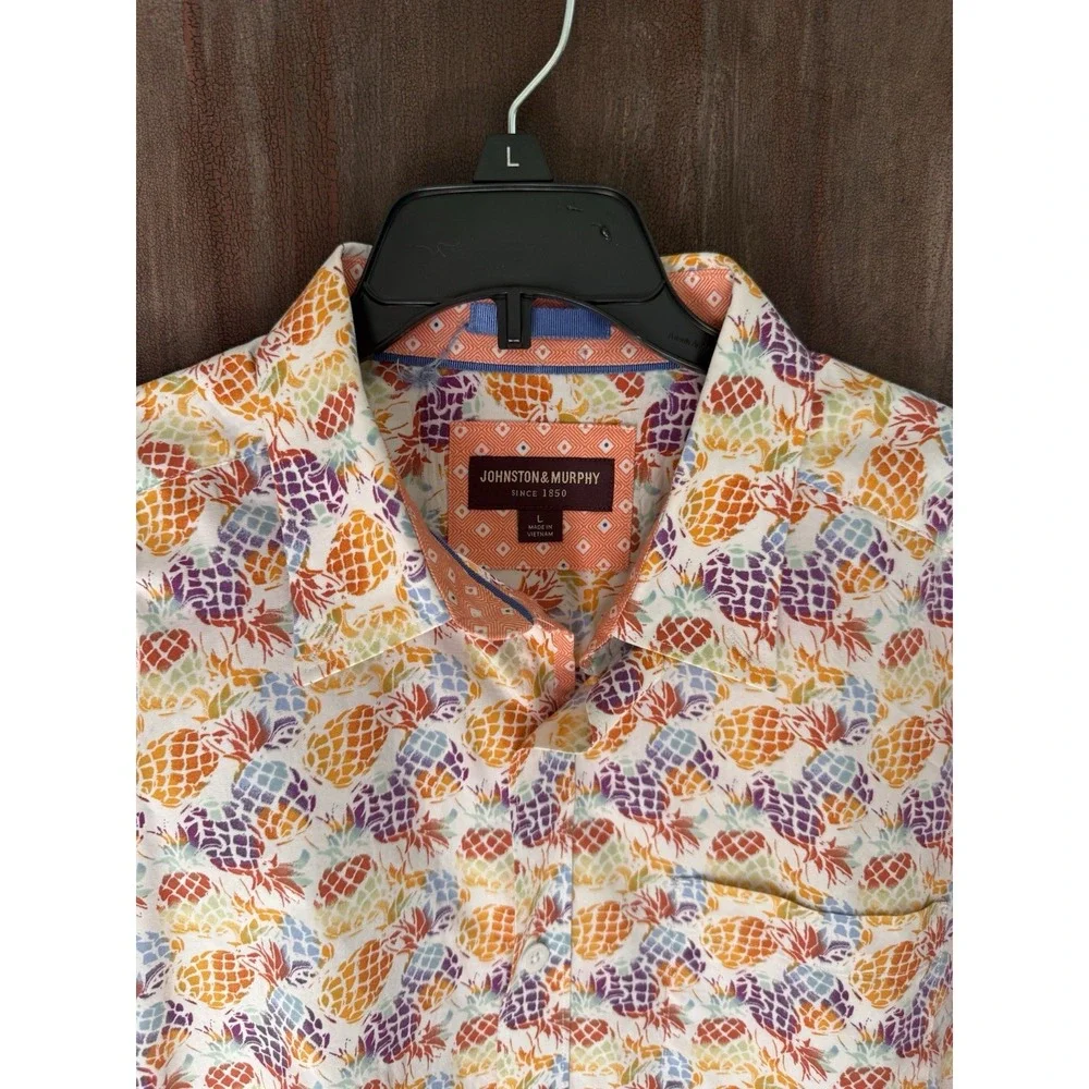 Johnston & Murphy Men L Pineapple Multicolor Button Up Short Slv Tropical Beach - Picture 5 of 9